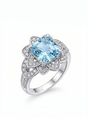 Princess Cut Floral Halo Ring - Aquamarine Blue, Liz Halston 925 Sterling Silver